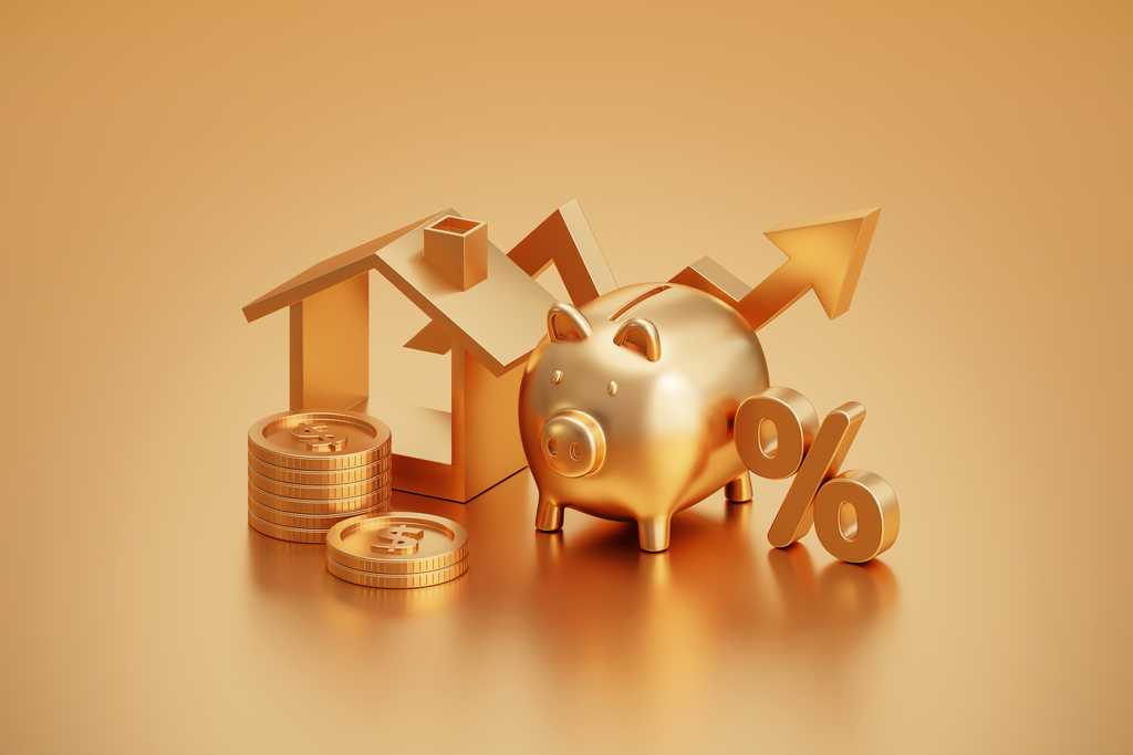 Gilded set of assets representing cash, real estate and stock