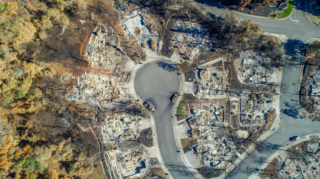 destroyed california neighborhood drone shot