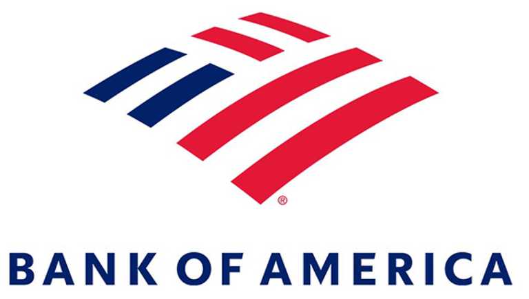 Logo for Bank of America, blue letters and US flag icon