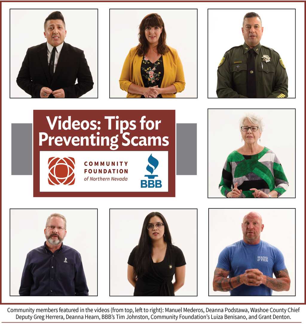 Graphic showing 7 adults in squares with a title reading Videos: Tips for Preventing Scams along with logos from the Community Foundation and Better Business Bureau